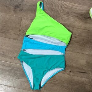 Pink Lily Lime Green and Aqua One Piece Swimsuit